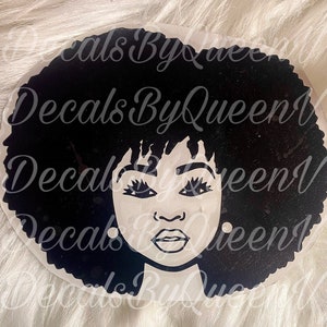 May include: Black and white silhouette of a woman with an afro hairstyle. The woman has large eyes, a small nose, and full lips.