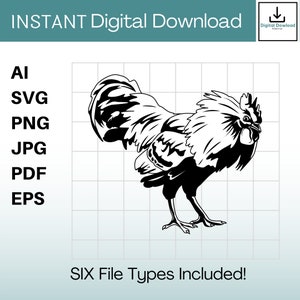Puede incluir: Silueta en blanco y negro de un gallo con una cresta y barbillas grandes. El gallo está mirando hacia la derecha y tiene las plumas de la cola extendidas. La imagen está sobre un fondo blanco con un patrón de cuadrícula.