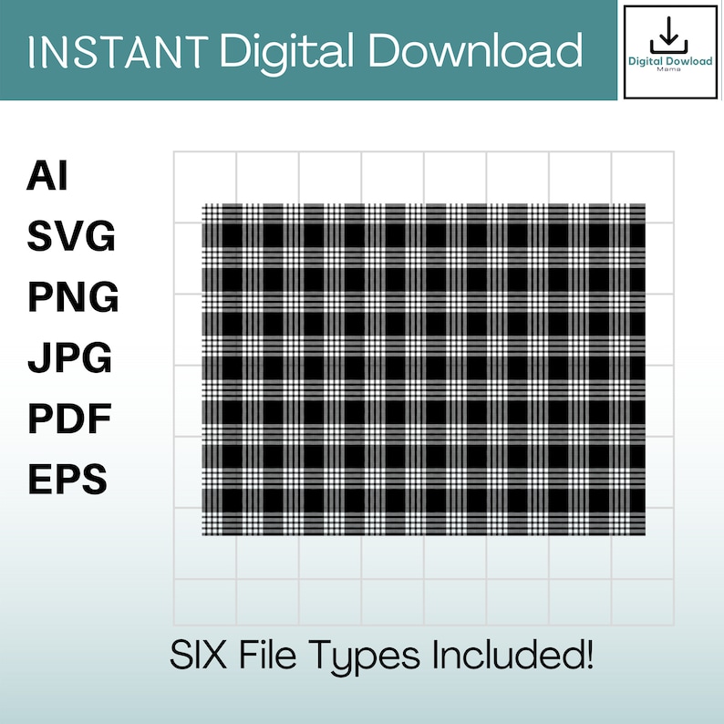 Op de afbeelding: Digitale download van een zwart-wit geruit patroon. Zes bestandstypen inbegrepen: AI, SVG, PNG, JPG, PDF en EPS.