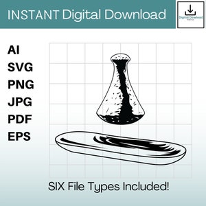 May include: Black and white line art illustration of a small, round, decorative dish with a textured surface and a small, round, decorative bottle with a textured surface. The bottle is above the dish. The text "SIX File Types Included!" is below the image.