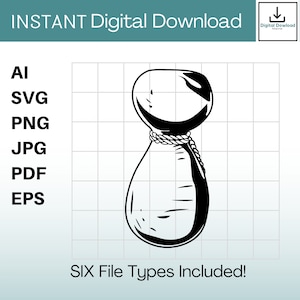 May include: Black and white illustration of a tied sack or bag.  The image is available in six file formats: AI, SVG, PNG, JPG, PDF, and EPS.  INSTANT Digital Download.
