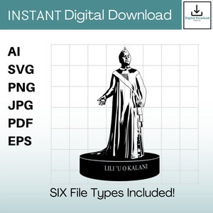 May include: Black and white digital illustration of a statue of Lili'uokalani, the last reigning monarch of the Kingdom of Hawaii. The statue is depicted in a standing pose, wearing a long robe and a crown. The statue is on a pedestal with the text "Lili'u o Kalani" inscribed on it. The image is available in six file types: AI, SVG, PNG, JPG, PDF, and EPS.
