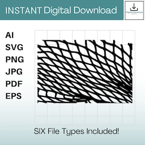 May include: Black and white digital download of a geometric pattern resembling a fishnet. The pattern is made up of intersecting lines that create a grid-like design. The image is on a white background with a grid overlay.