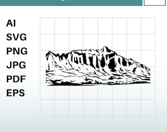 Op de afbeelding: Zwart-witte silhouet van een bergketen. Deze digitale download bevat zes bestandstypen: AI, SVG, PNG, JPG, PDF en EPS.