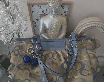 Coach Vintage Khaki and Blue Signature Juaquard Shoulder Tote Purse Bag Y2K
