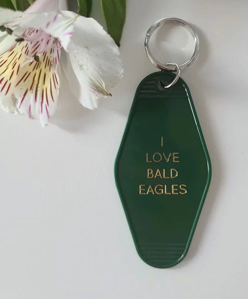 I Love Bald Eagles Retro Hotel Keychain Green and Gold Foil Print image 1