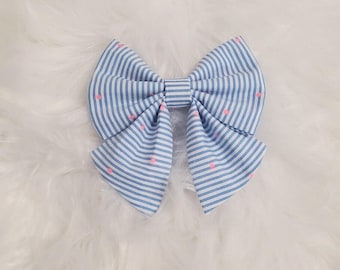 Blue Striped Dog Sailor Bow Tie with Pink Polka Dots