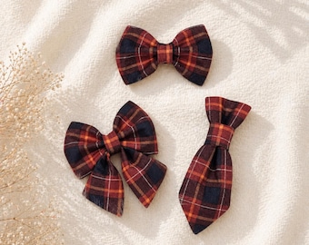 Fall Plaid Dog Bow: Rust & Navy Cotton