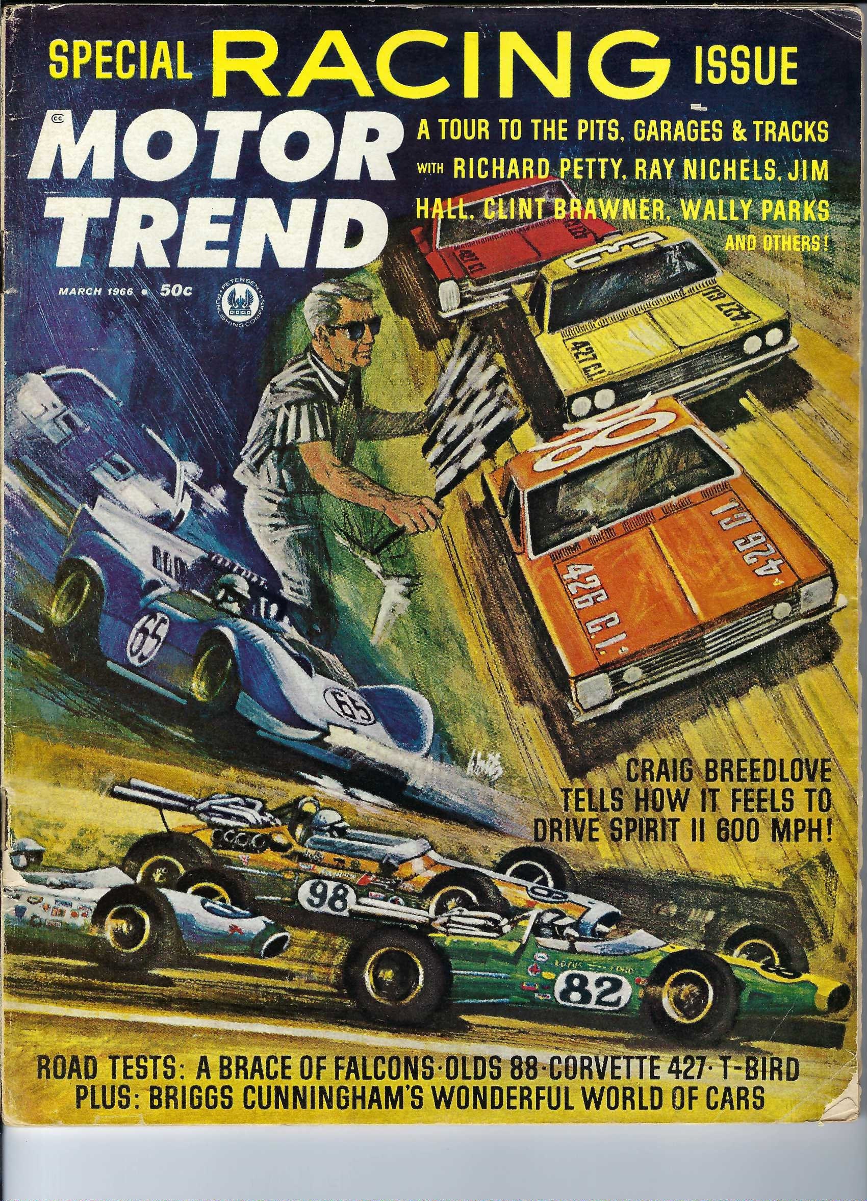 1966 Chevlet Corvette 427, Ford Thunderbird, Ford Falke V8 und 6, Jaguar, Oldsmobile 88 getestet in vintage Motor Trend Magazin