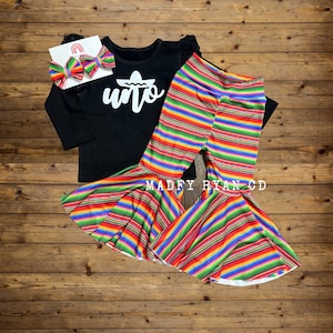 Girls serape bell bottoms, Fiesta First birthday theme outfit, serape girls piggy’s