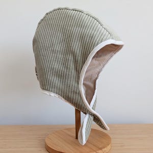 Sage Corduroy Cotton Baby Bonnets, Handmade Winter Hats (Baby/Kids)