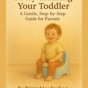 Könnte beinhalten: Ein Buchcover mit dem Titel "Potty Training Your Toddler" und dem Untertitel "A Gentle, Step-by-Step Guide for Parents". Es zeigt ein lächelndes Kleinkind auf einer blauen Töpfchen. Der Hintergrund ist hellgelb.