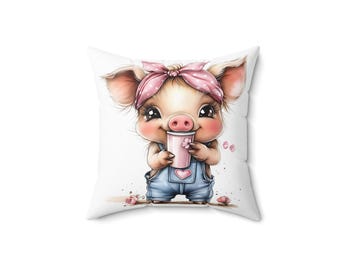 Cute Piggy Square Pillow, Adorable Home Decor, Farmhouse Accent, Gift for Animal Lovers, Cozy Couch Cushion