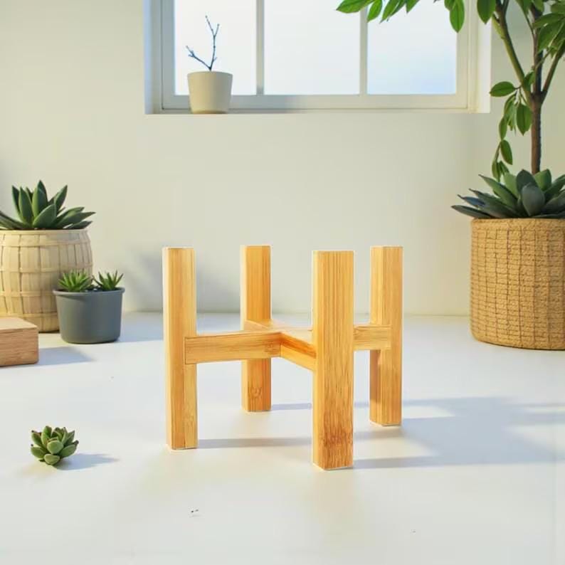 Modern Plant Riser Handmade Wooden Plant Stand – Modern Bamboo Planter Riser – Mid-century ...