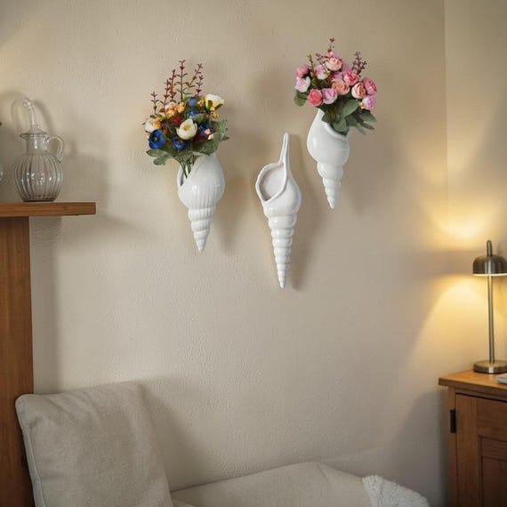 Weiß Keramik Shell Wand Vase, Küstenstrand Wohndekor, Hydrokultur Pflanzer