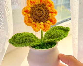 Girasole in vaso, realizzato a mano all'uncinetto, in filato di cotone Milk, decorazione da scrivania.