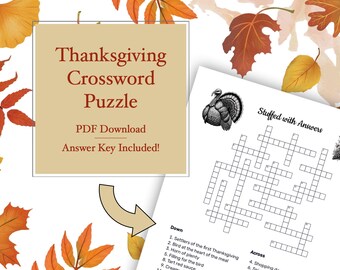 Puede incluir: Un crucigrama de Acción de Gracias imprimible con una clave de respuestas. El rompecabezas presenta un pavo y una cornucopia. El título del rompecabezas es "Thanksgiving Crossword Puzzle" y el texto "PDF Download" y "Answer Key Included!" también está incluido.