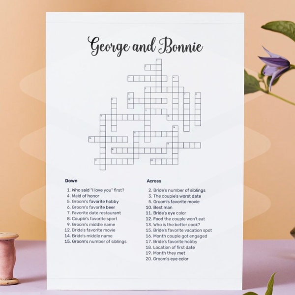 Custom Wedding Crossword Puzzle, Bridal Shower Game, Reception Game, Personalized 8.5x11" PDF Download