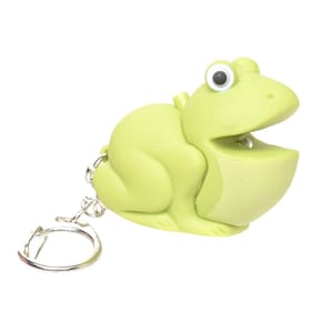 May include: A green frog keychain with a silver key ring. The frog has a wide open mouth and large, black eyes.