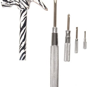 May include: A set of tools including a zebra-print hammer and four screwdrivers with different sized heads.