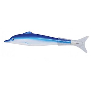 May include: A blue and white dolphin-shaped fishing lure. The lure has a streamlined design with a dorsal fin, a pointed snout, and a clear, glittery tail. The body transitions from a dark blue to a lighter blue and white.