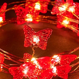 May include: String of fairy lights with red butterfly-shaped bulbs. The lights are strung on a thin copper wire.