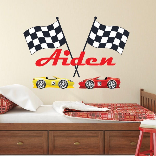 Personalized Wall  Decal Flag- Boys Name Wall Decals- Checkered Flags Sticker-Race Themed Nursery Decor-Name Vinyl Sticker
