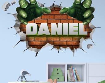 Hulk 3D Wall Decal for Kids Room – Smash Effect Vinyl Sticker – Superhero Boys Bedroom Decor – Removable Hulk Wall Art Mural-Stickers Decor