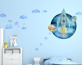 Rocket Wall Decal- Rocket Wall Sticker - Space Wall Stickers for Kids Bedroom- Nursery Playroom  Wall Decal- Peel And Stick. EJ0061