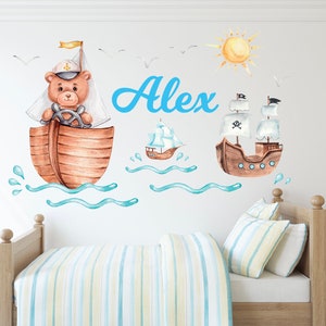Personalized Pirate Name Wall Decal for Kids Room Pirate Theme Nursery Wall Decor Pirate Bear Sticker Baby Boy Bedroom Watercolor Pirate