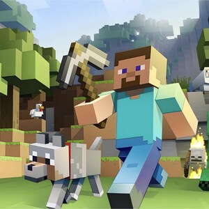 May include: A green, blocky character with a menacing expression stands in a Minecraft-themed landscape. A blue-shirted character with a pickaxe runs toward the green character. Other characters, including a wolf, a pig, and a chicken, are also present in the scene.