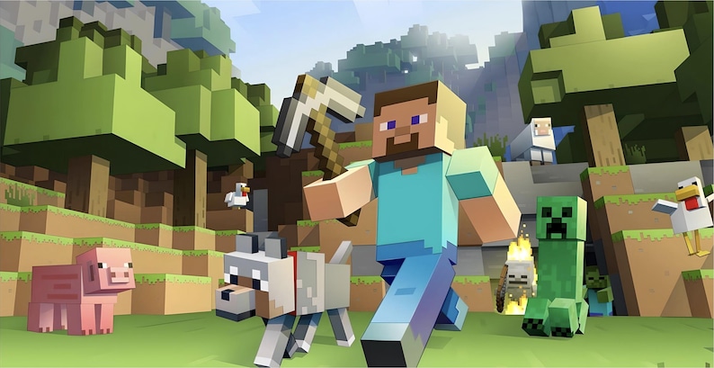May include: A green, blocky character with a menacing expression stands in a Minecraft-themed landscape. A blue-shirted character with a pickaxe runs toward the green character. Other characters, including a wolf, a pig, and a chicken, are also present in the scene.