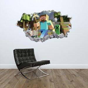 May include: A 3D wall decal featuring a Minecraft character, Steve, walking through a broken wall with other Minecraft characters and items, including a wolf, a creeper, and a chicken.