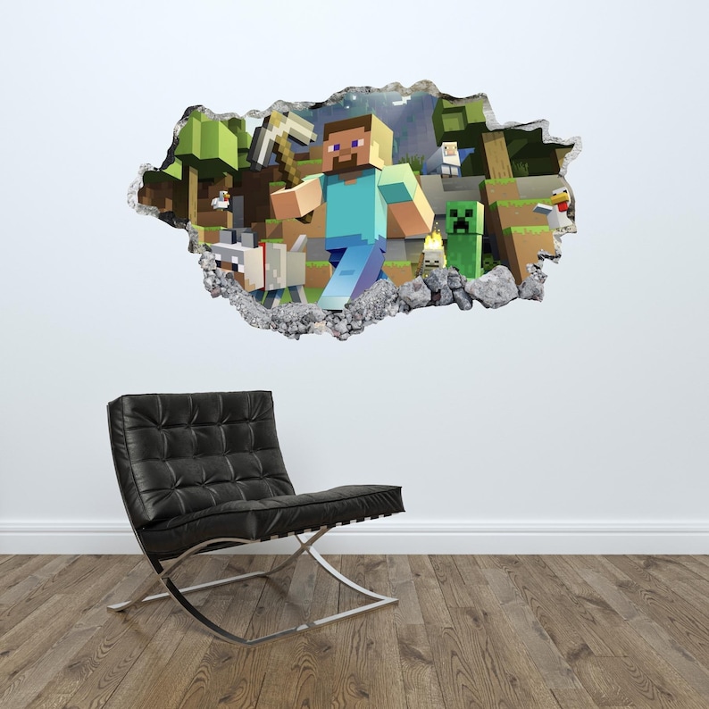 May include: A 3D wall decal featuring a Minecraft character, Steve, walking through a broken wall with other Minecraft characters and items, including a wolf, a creeper, and a chicken.