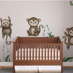Calcomanía de pared de mono colgante - Set de pegatinas de monos de acuarela - Pegatinas de pared de selva - Calcomanías de pared de safari - Decoración de habitación de selva - Despegar y pegar JE044