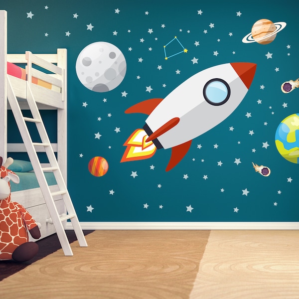 Rocket Wall Decal- Rocket Wall Sticker Personalized Name Space- Wall Stickers for Kids Bedroom-Nursery Playroom  Wall Decal JE00