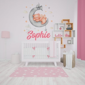 Custom Bear and Little Bunny Name Wall Decal for Kids Room-Bear Moon Stars Boy Girl Baby Wall Decal Art Decor Custom Name Moon Vinyl Sticker