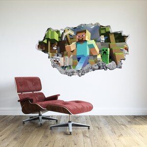 May include: A 3D wall decal featuring a Minecraft character, Steve, walking through a broken wall with other Minecraft characters and items, including a wolf, a creeper, and a pickaxe.