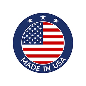 May include: A blue circle with a white border and the text "MADE IN USA" in white. Inside the circle is a red, white, and blue American flag.