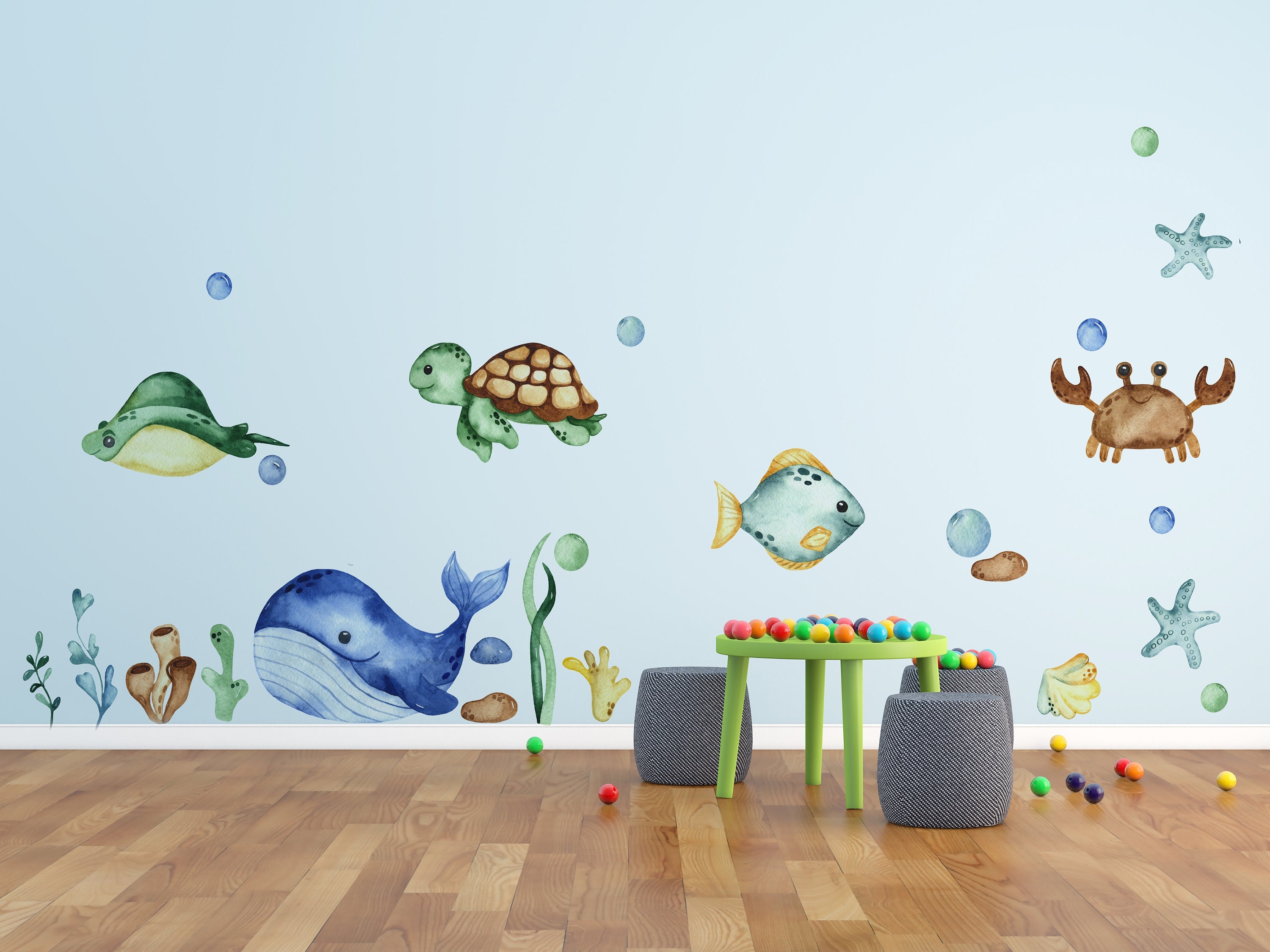 Sea World Ocean Wall Decal Sticker-for Kids Room-Wall Decal for Nursery Aquarium- Ocean Life With Whale, Fishes, Ray, Turtles, Coral. JE0065