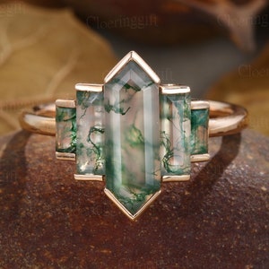 Hexagon cut Moss agate engagement ring Unique rose gold ring Bezel set ring baguette cut ring Bridal Art deco promise anniversary ring