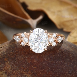 Oval Moissanite engagement ring Vintage Yellow gold Lab grown diamond engagement ring Unique Cluster Moissanite ring bridal Anniversary gift