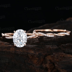 2ct Oval Moissanite engagement ring set unique diamond engagement ring twist rose gold wedding Bridal set Promise Anniversary gift for women