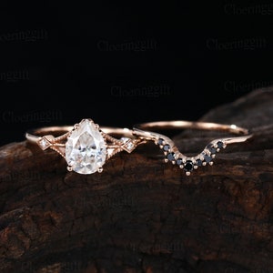 Vintage Pear Moissanite engagement ring set Unique rose gold engagement ring diamond engagement ring Bridal set Anniversary promise gift