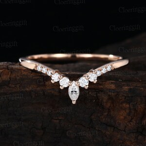 Unique Marquise cut Moissanite engagement vintage 18K Yellow gold ring Curved wedding band women wedding band Matching Bridal Promise gift