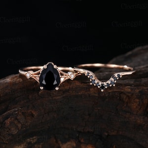 Vintage Pear black onyx engagement ring set Unique rose gold engagement ring  diamond engagement ring Bridal set Anniversary promise gift
