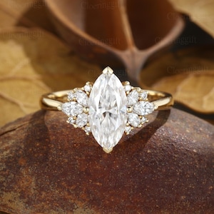 Vintage Marquise moissanite engagement ring Yellow gold diamond engagement ring unique cluster engagement ring bridal Anniversary promise