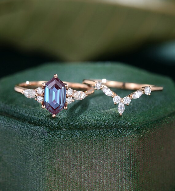 Hexagon Cut Alexandrite Engagement Ring Set Women Unique Etsy