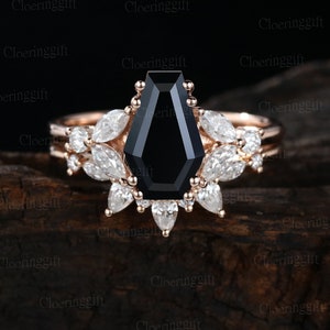 Unique Coffin cut Black onyx engagement ring set vintage Rose gold Moissanite engagement ring Marquise curved wedding ring anniversary gift