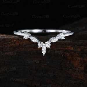 Marquise Moissanite wedding band women Curved diamond wedding band Unique white gold moissanite ring stacking matching Anniversary gift ring